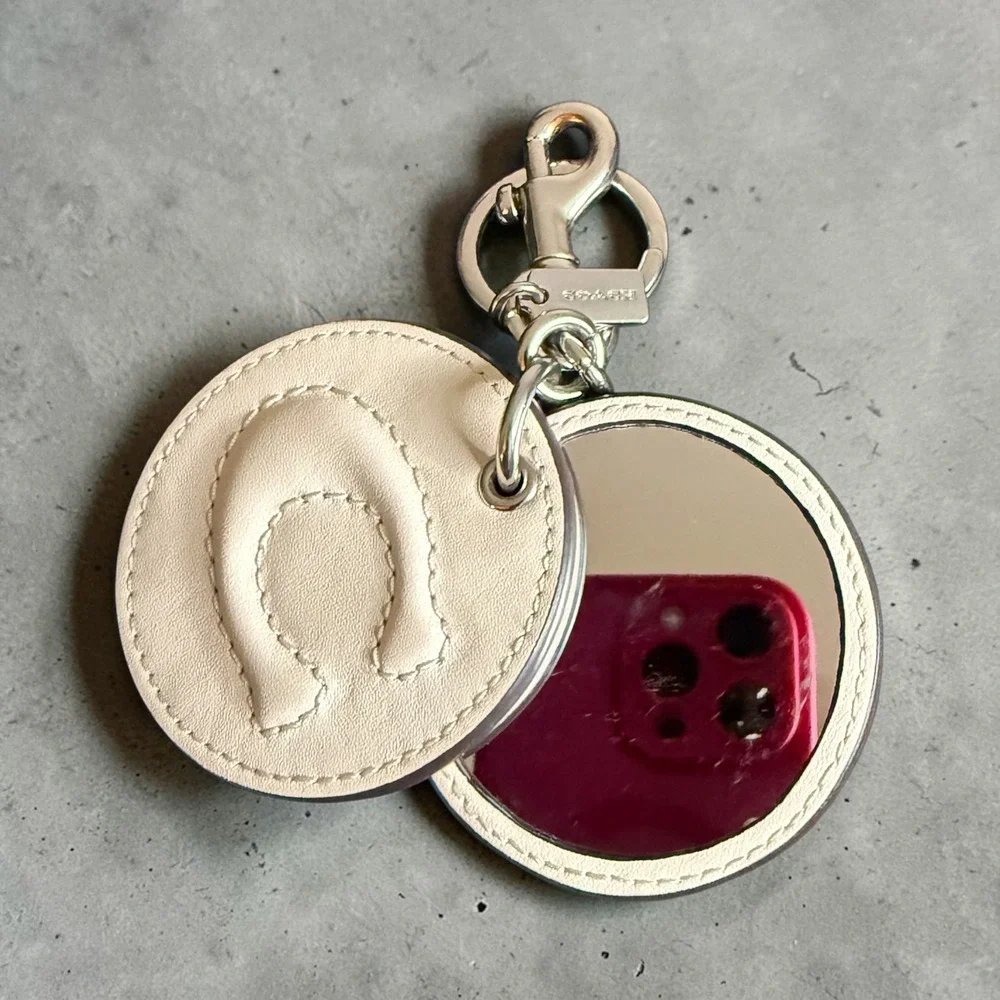 Coach Leather Mirror Bag Charm Keychain Chalk White Silver Tone C Logo F16117